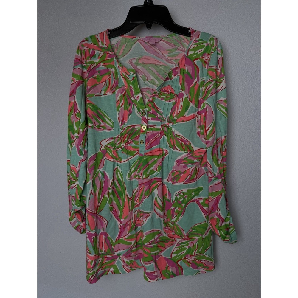 Lilly Pulitzer Linen Tunic Top Small Pink‎ Green Tropical Print Gold Buttons